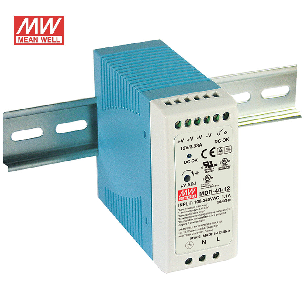 MEAN WELL MDR-40-12 DIN rail power supply – 12V 3.33A AC/DC converter with universal 100-240VAC input, ideal for industrial automation and control panels.