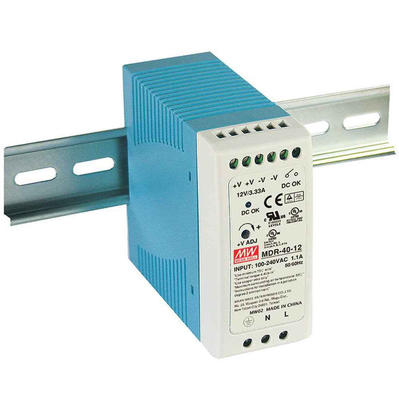 MEAN WELL MDR-40-12 DIN rail power supply – 12V 3.33A AC/DC converter with universal 100-240VAC input, ideal for industrial automation and control panels.